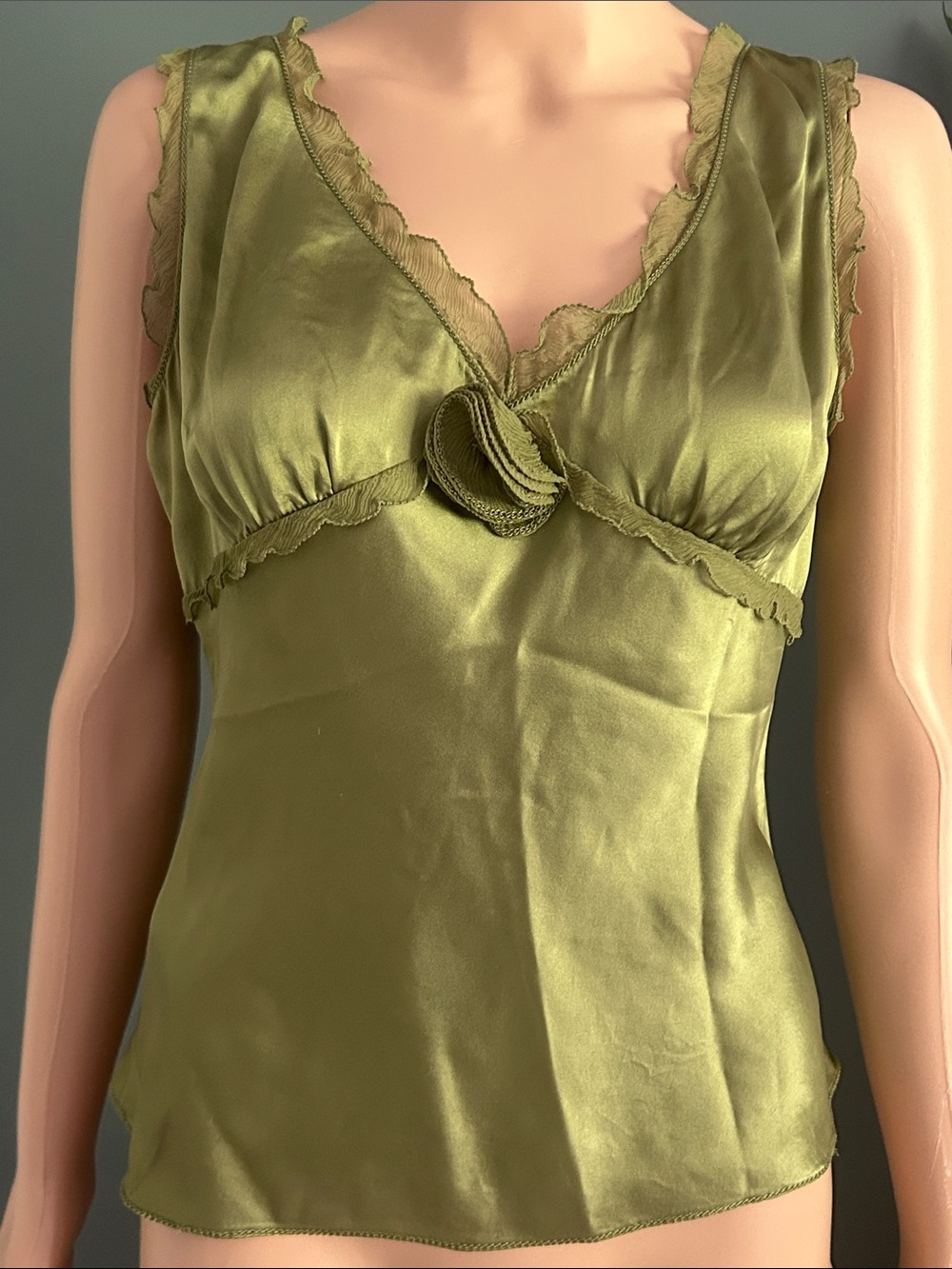 Olive Green 100%  Silk With Lace-Trim Cami Top
